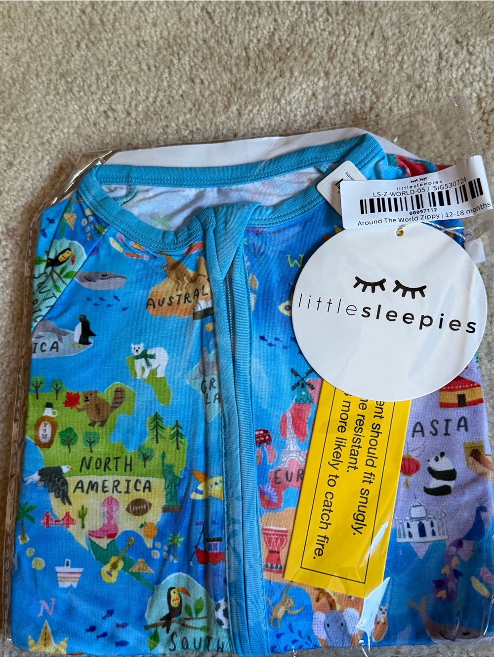 Little Sleepies Kids' Blue Around the World Zippy Pajamas size 12-18 months